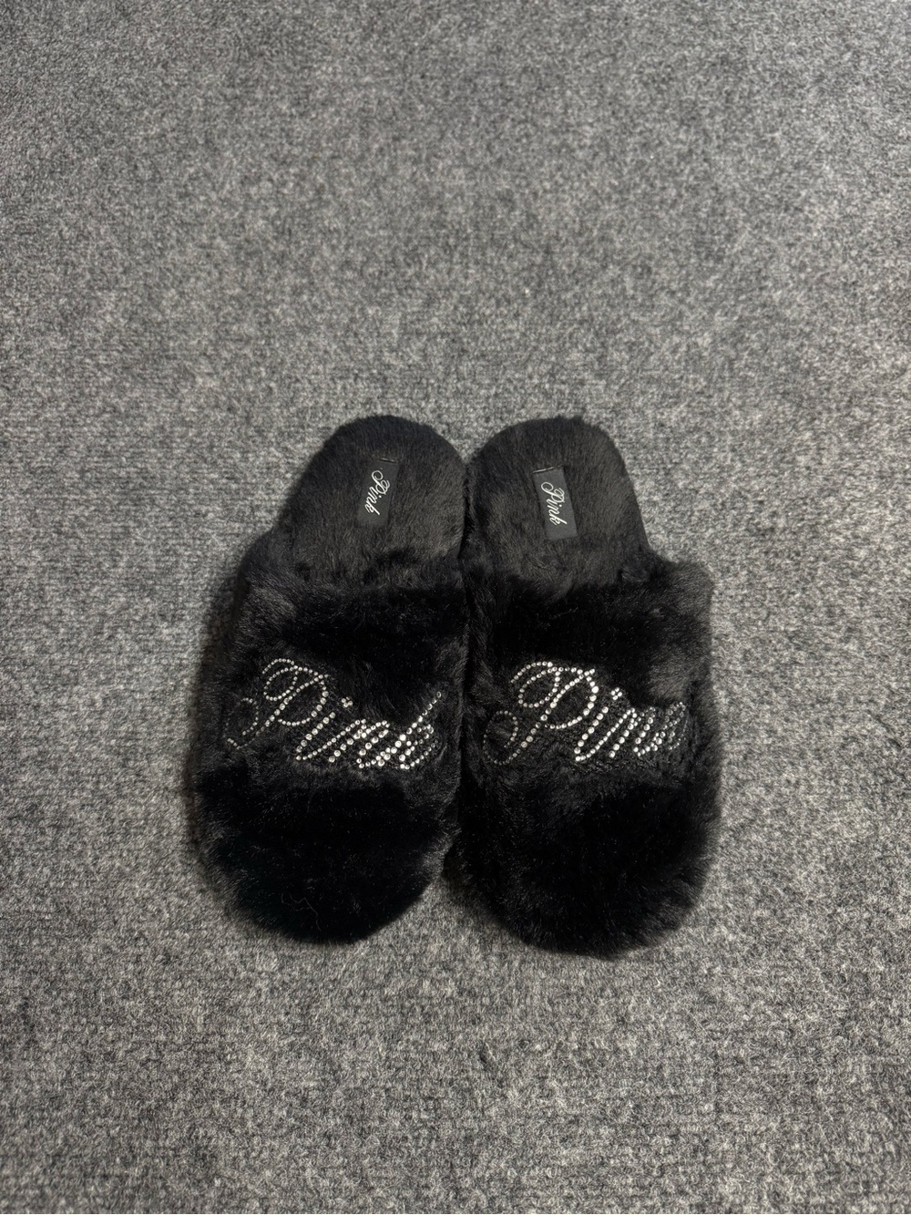 PINK Victoria's Secret Black Faux-Fur Slide Slippers with Crystal 'Pink' Script
